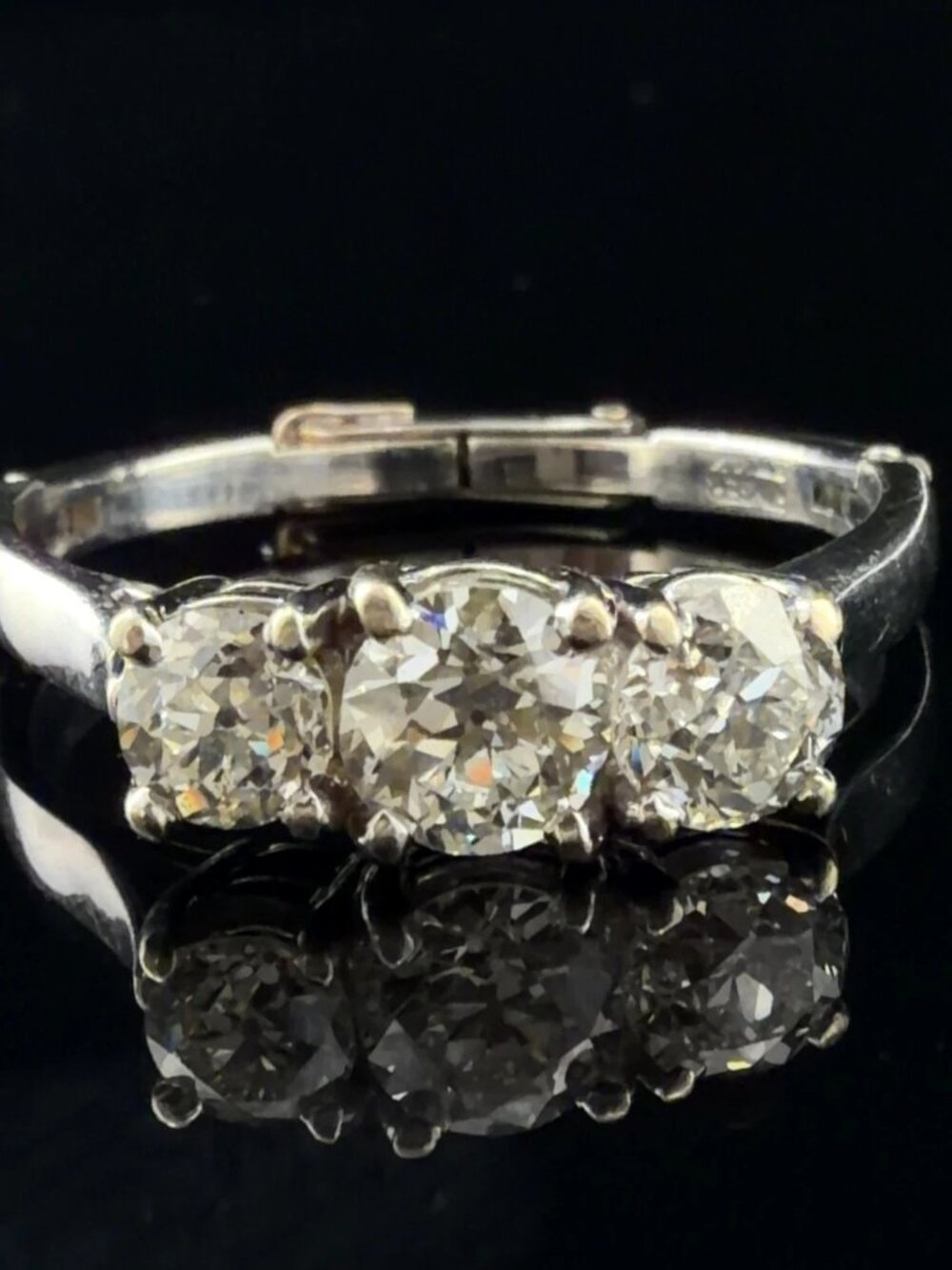 14K White Gold 3 Old European Cut Natural Diamond Ring Arthritic Shank Estate